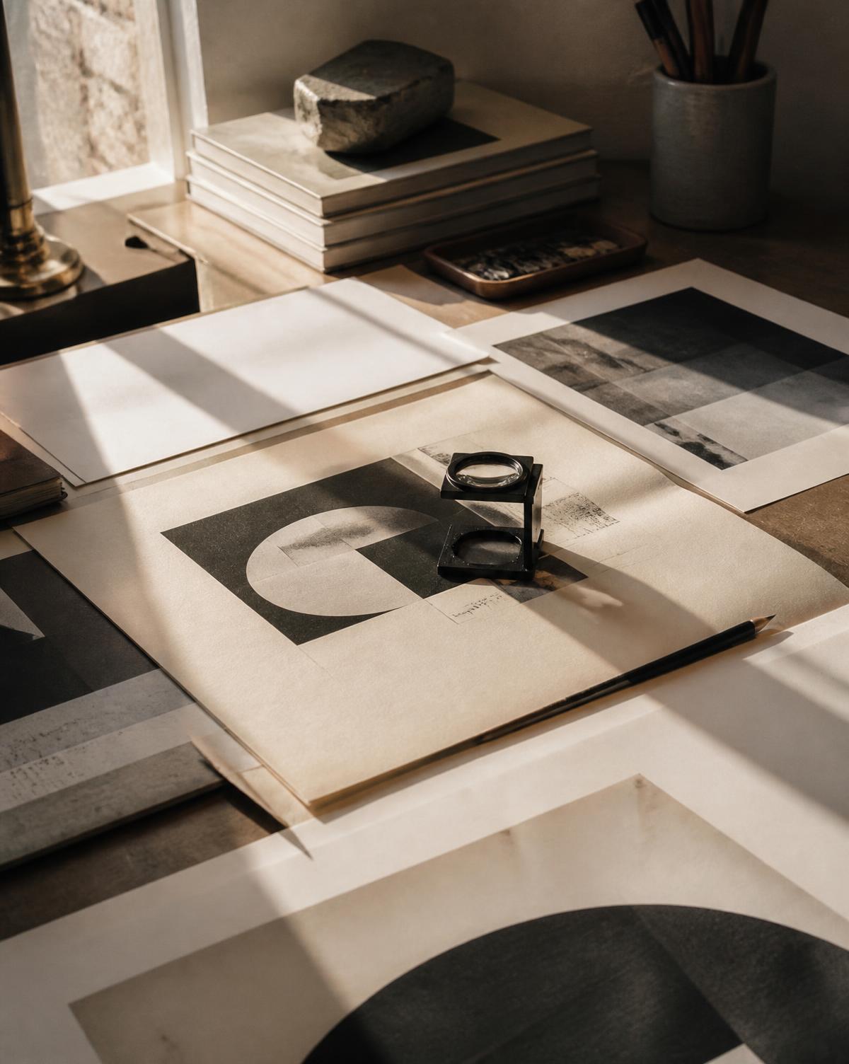 Printed typography proofs and a loupe on a studio desk in raking daylight